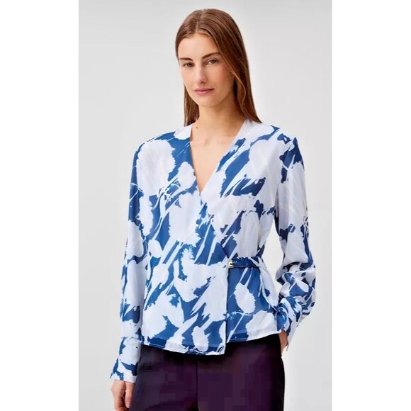 Calvin Klein Women's Floral Chiffon V-Neck Wrap Top Blouse Chic White Blue M - Picture 1 of 8
